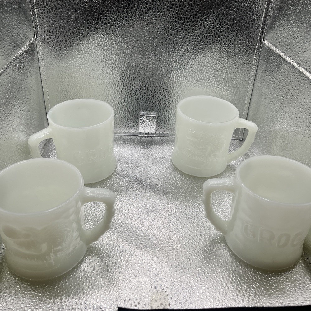 4 Vtg  B.C. Comic GROG Milk Glass Mug Coffee Cup Caveman Johnny Hart  Fire King